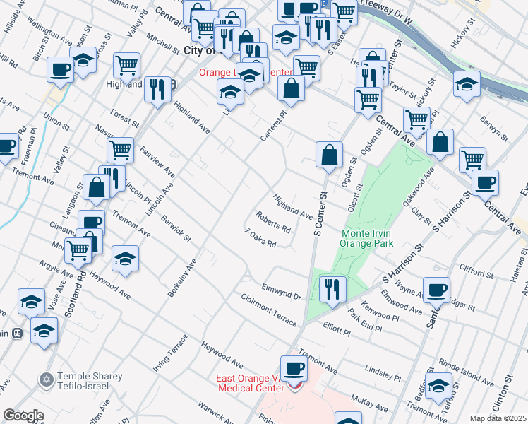 map of restaurants, bars, coffee shops, grocery stores, and more near 289 Roberts Road in City of Orange