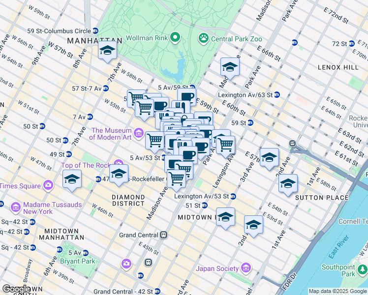 map of restaurants, bars, coffee shops, grocery stores, and more near 16 East 54th Street in New York