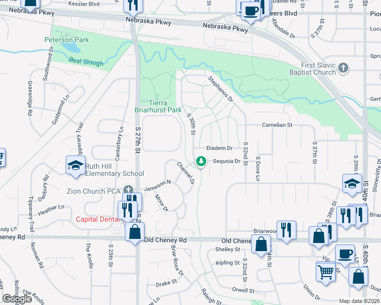 map of restaurants, bars, coffee shops, grocery stores, and more near 5309 South 30th Street in Lincoln