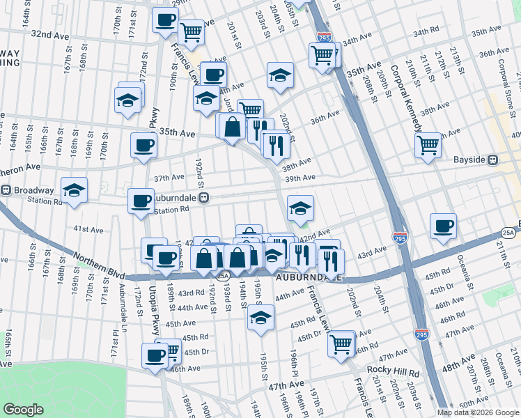 map of restaurants, bars, coffee shops, grocery stores, and more near 40-14 196th Street in Queens
