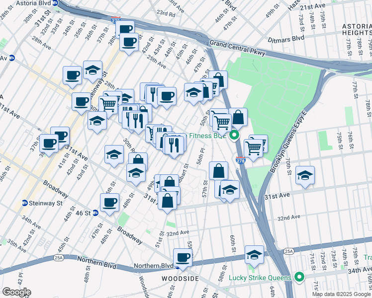 map of restaurants, bars, coffee shops, grocery stores, and more near 28-28 50th Street in Queens