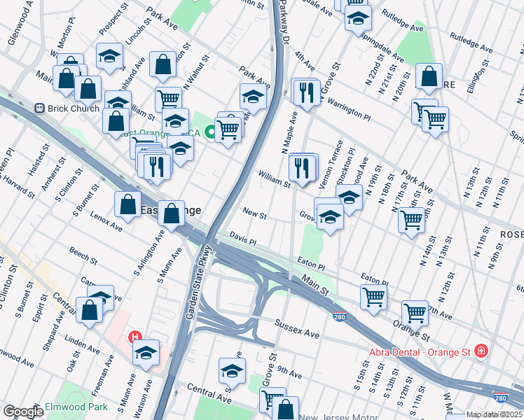 map of restaurants, bars, coffee shops, grocery stores, and more near 98 North Maple Avenue in East Orange