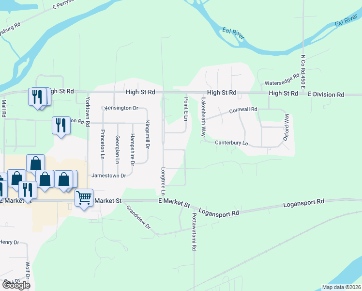 map of restaurants, bars, coffee shops, grocery stores, and more near 224 Point East Lane in Logansport