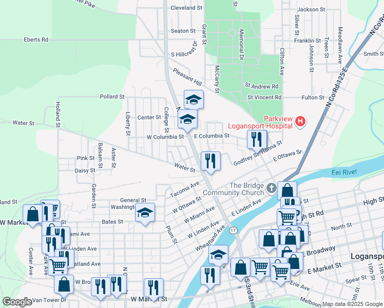 map of restaurants, bars, coffee shops, grocery stores, and more near 1201 North 3rd Street in Logansport
