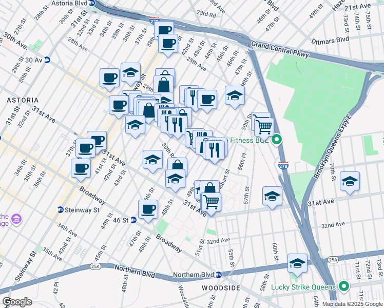 map of restaurants, bars, coffee shops, grocery stores, and more near in Queens