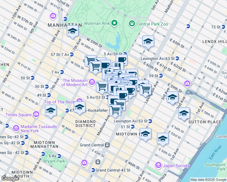 map of restaurants, bars, coffee shops, grocery stores, and more near 5 East 54th Street in New York