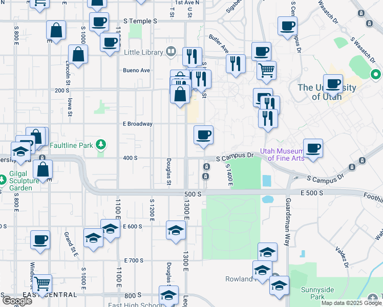map of restaurants, bars, coffee shops, grocery stores, and more near 1309 East 400 South in Salt Lake City