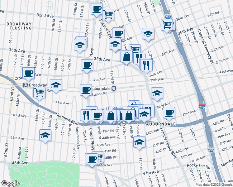 map of restaurants, bars, coffee shops, grocery stores, and more near 192-06 Station Road in Queens