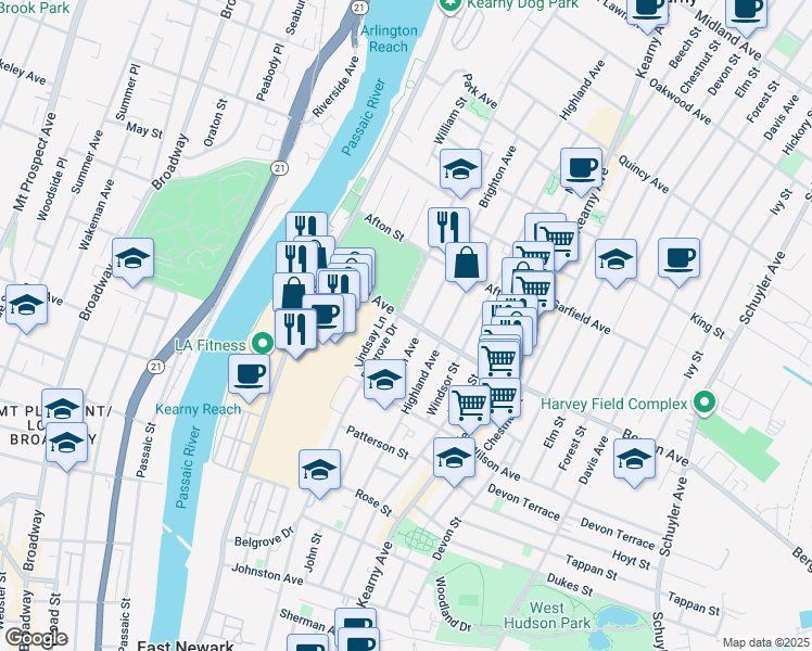 map of restaurants, bars, coffee shops, grocery stores, and more near 264 Belgrove Drive in Kearny