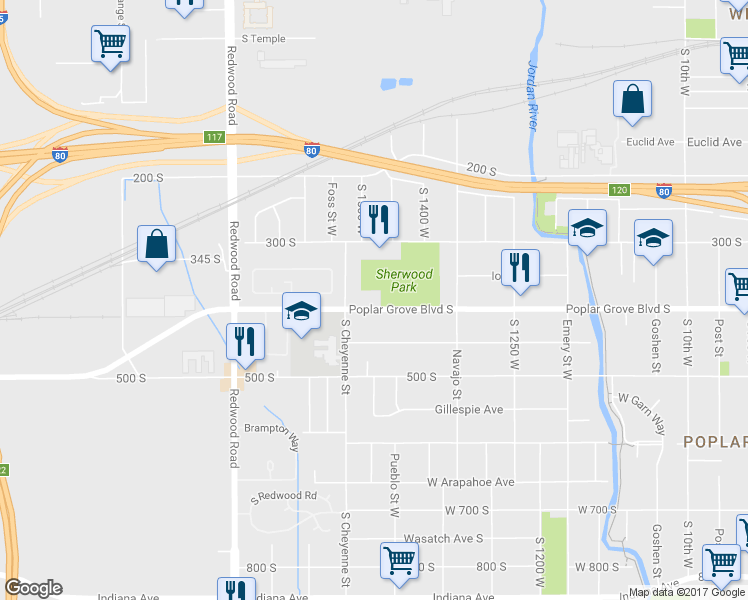 map of restaurants, bars, coffee shops, grocery stores, and more near 1460 400 South in Salt Lake City