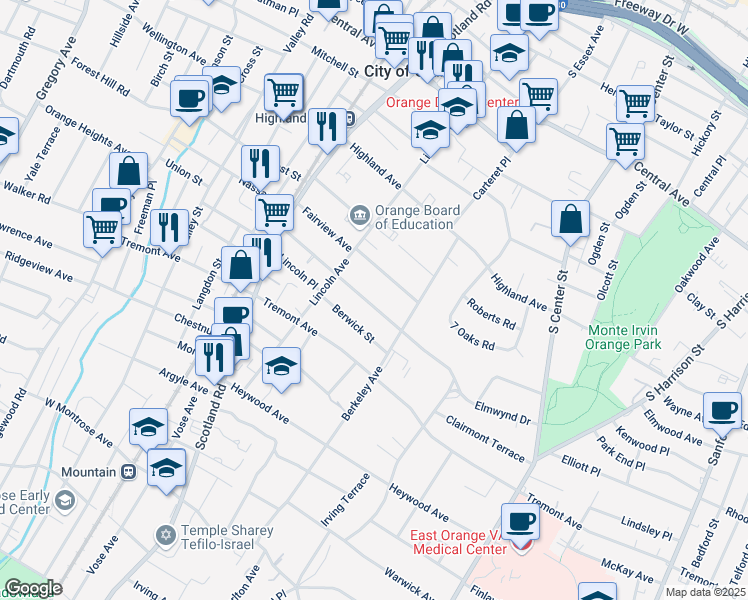 map of restaurants, bars, coffee shops, grocery stores, and more near 387 Hillside Avenue in City of Orange