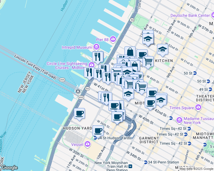map of restaurants, bars, coffee shops, grocery stores, and more near 620 West 42nd Street in New York