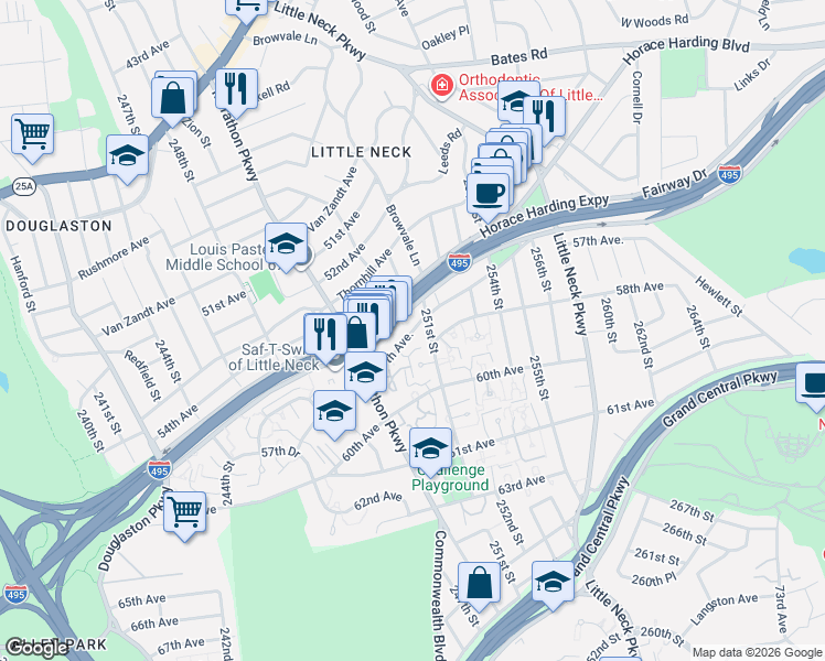 map of restaurants, bars, coffee shops, grocery stores, and more near 249-6 57th Avenue in Queens