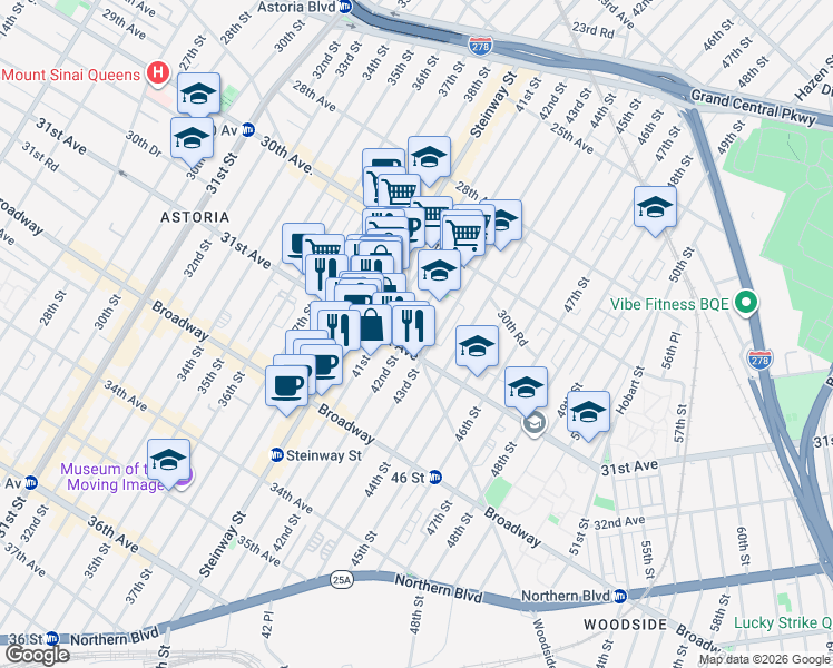 map of restaurants, bars, coffee shops, grocery stores, and more near 30-92 42nd Street in Queens