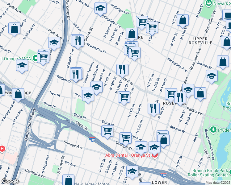 map of restaurants, bars, coffee shops, grocery stores, and more near 93 North 16th Street in East Orange