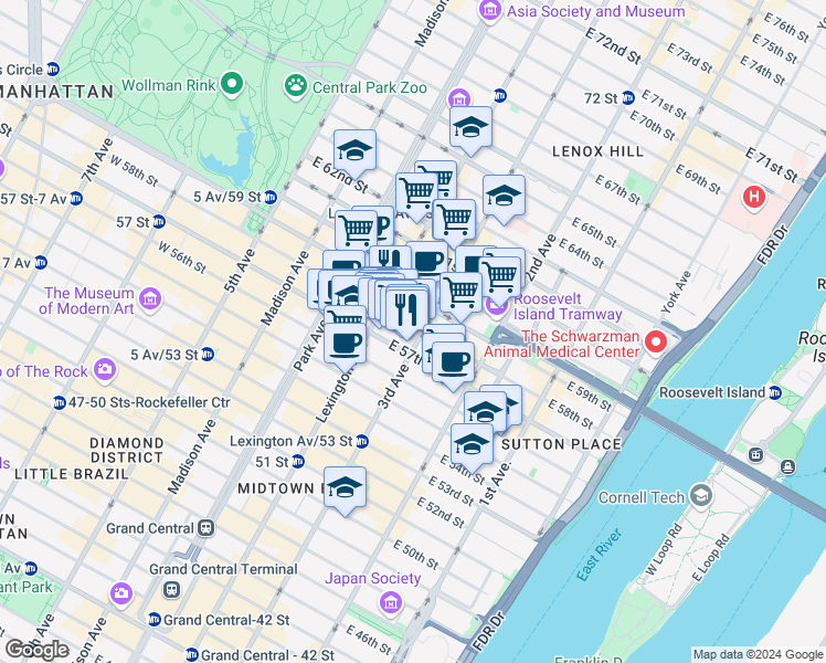 map of restaurants, bars, coffee shops, grocery stores, and more near 968 3rd Avenue in New York