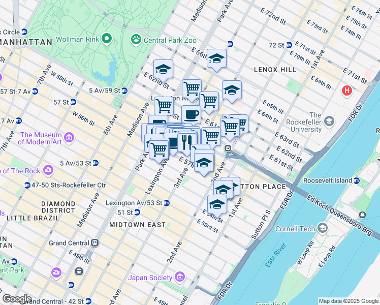 map of restaurants, bars, coffee shops, grocery stores, and more near 968 3rd Avenue in New York