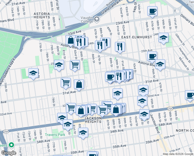 map of restaurants, bars, coffee shops, grocery stores, and more near 30-23 86th Street in Queens