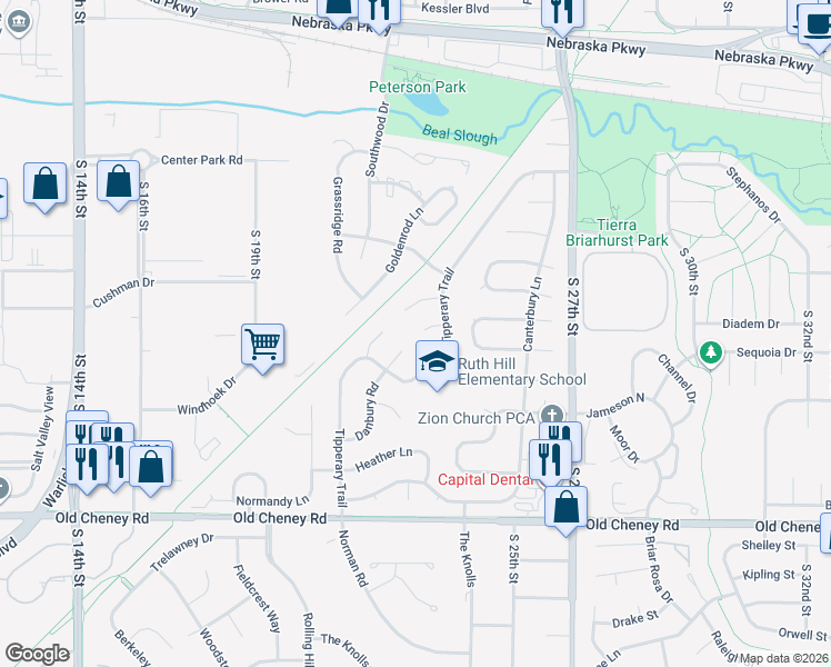map of restaurants, bars, coffee shops, grocery stores, and more near 2301 Camelot Court in Lincoln
