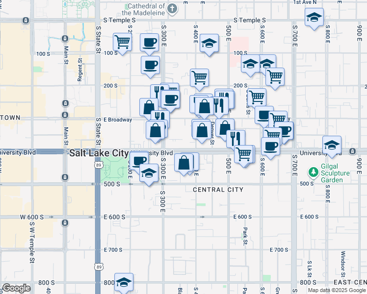 map of restaurants, bars, coffee shops, grocery stores, and more near 353 East 400 South in Salt Lake City