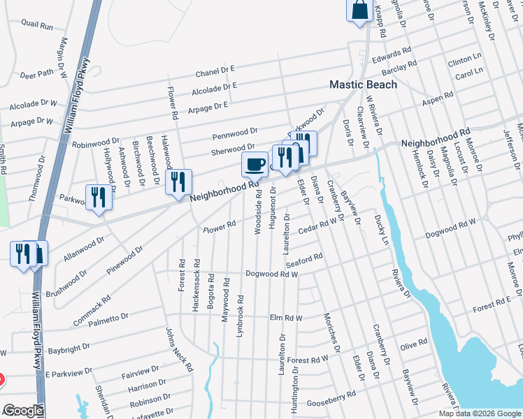 map of restaurants, bars, coffee shops, grocery stores, and more near 206 Huguenot Drive in Mastic Beach