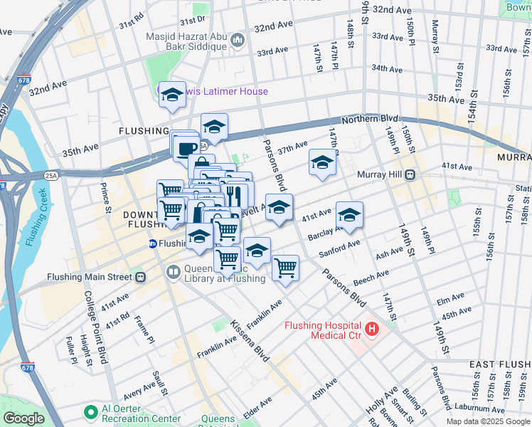 map of restaurants, bars, coffee shops, grocery stores, and more near 143-8 Roosevelt Avenue in Queens