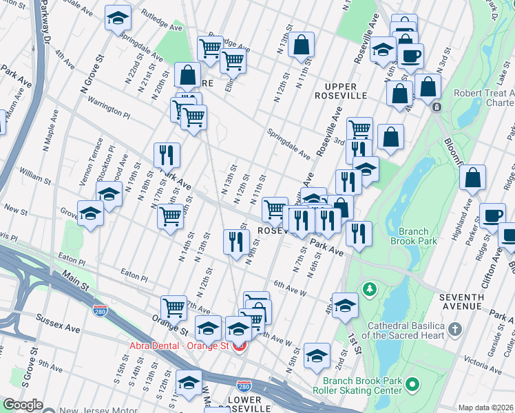 map of restaurants, bars, coffee shops, grocery stores, and more near 170 North 11th Street in Newark