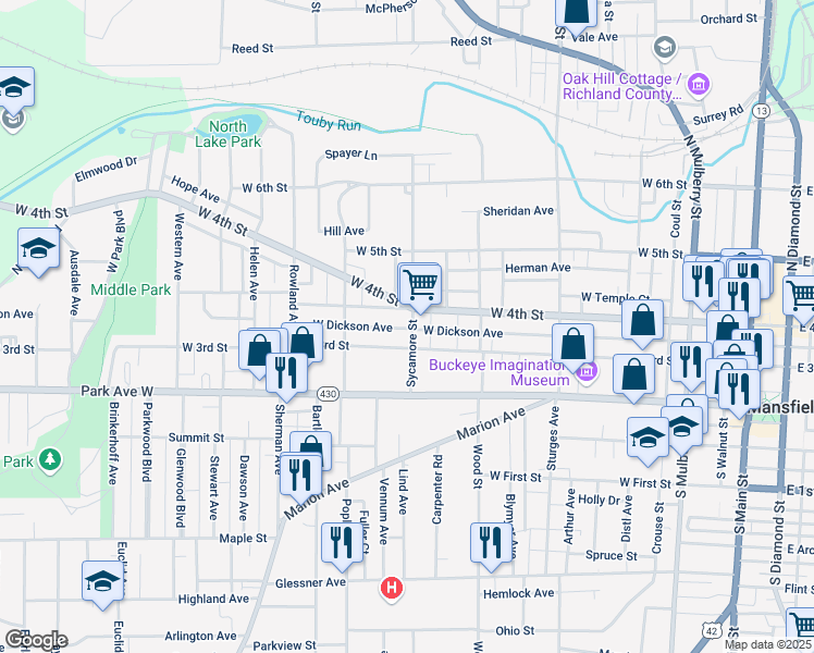 map of restaurants, bars, coffee shops, grocery stores, and more near in Mansfield
