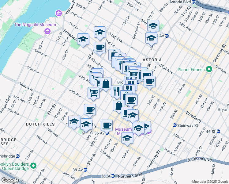 map of restaurants, bars, coffee shops, grocery stores, and more near 33-52 29th Street in Queens