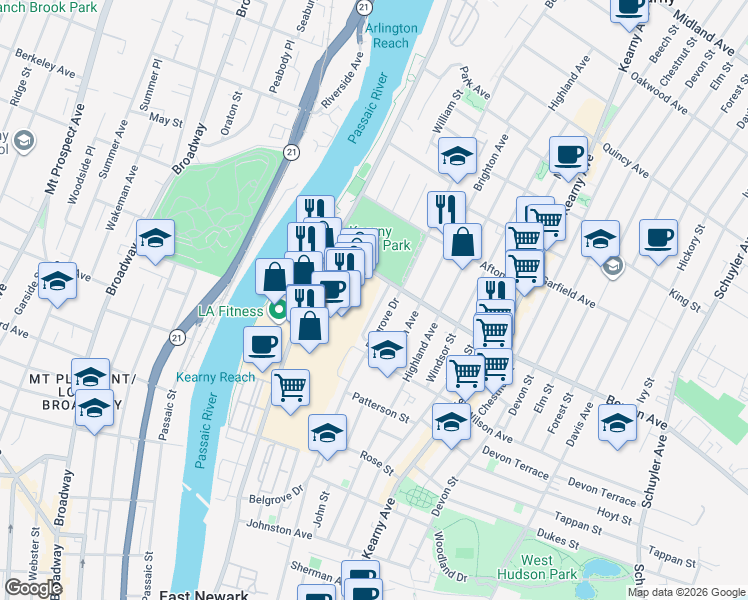 map of restaurants, bars, coffee shops, grocery stores, and more near 25 Lindsay Lane in Kearny