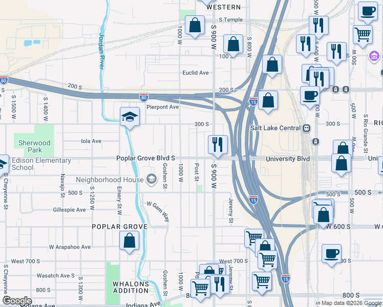 map of restaurants, bars, coffee shops, grocery stores, and more near 952 West 400 South in Salt Lake City