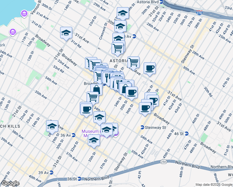 map of restaurants, bars, coffee shops, grocery stores, and more near 32-14 33rd Street in Queens