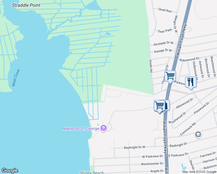 map of restaurants, bars, coffee shops, grocery stores, and more near 33 Hay Road in Shirley