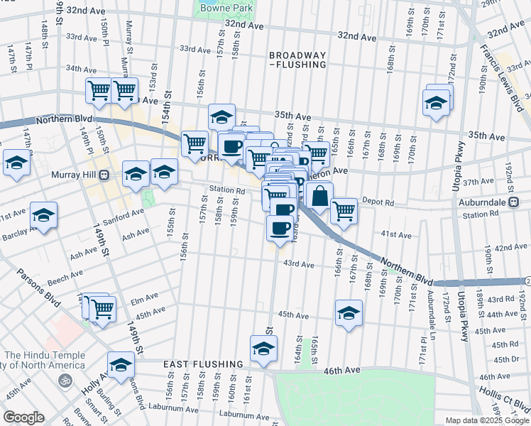 map of restaurants, bars, coffee shops, grocery stores, and more near 41-15 161 Street in Queens