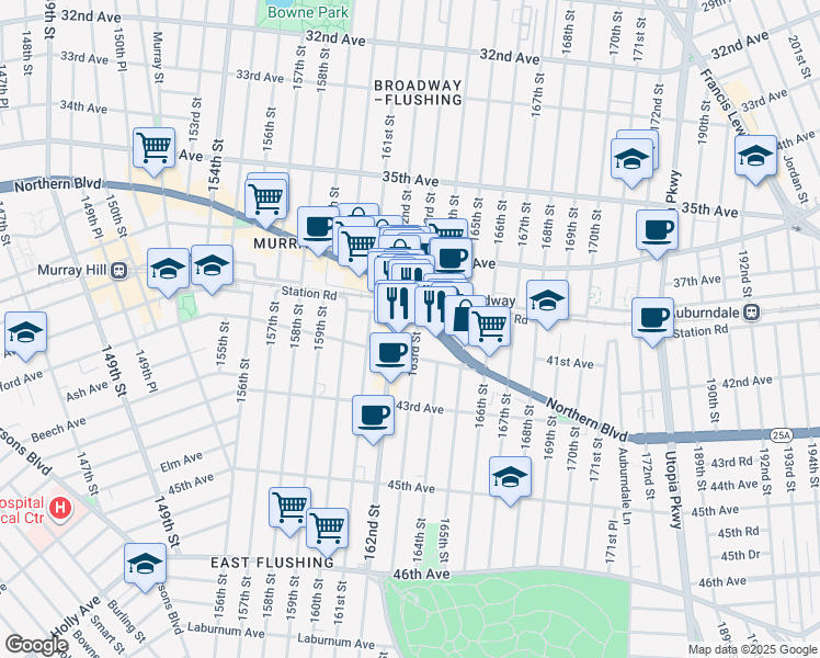 map of restaurants, bars, coffee shops, grocery stores, and more near 41-18 163rd Street in Queens
