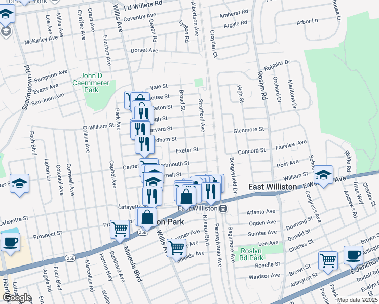 map of restaurants, bars, coffee shops, grocery stores, and more near 119 Broad Street in Williston Park