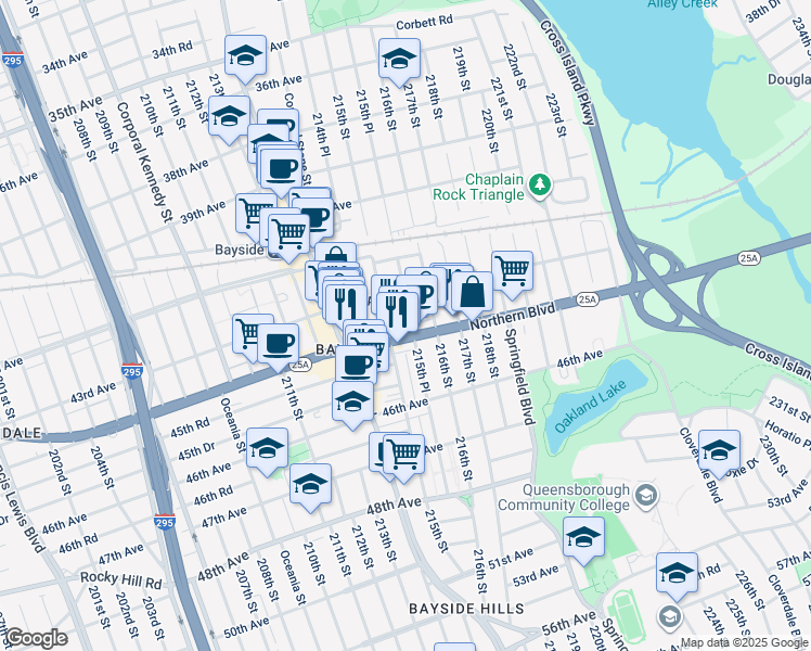 map of restaurants, bars, coffee shops, grocery stores, and more near 43-36 215th Place in Queens