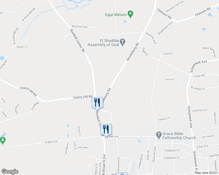 map of restaurants, bars, coffee shops, grocery stores, and more near 477 Jacobsburg Road in Nazareth