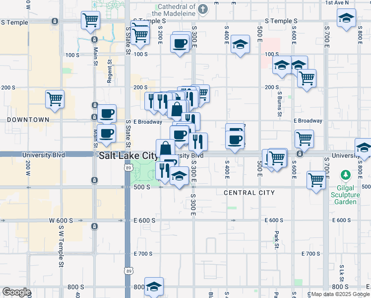 map of restaurants, bars, coffee shops, grocery stores, and more near 255 East 400 South in Salt Lake City