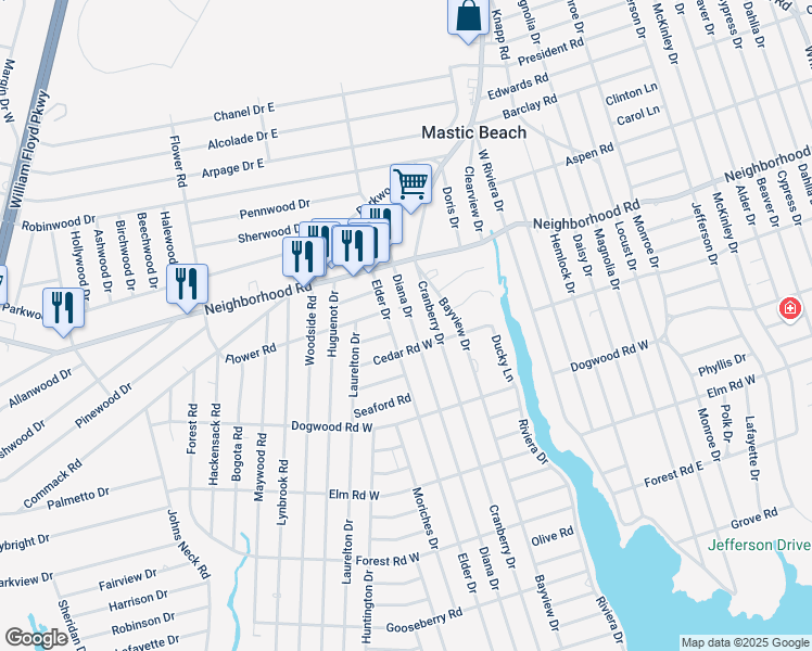 map of restaurants, bars, coffee shops, grocery stores, and more near 159 Elder Drive in Mastic Beach