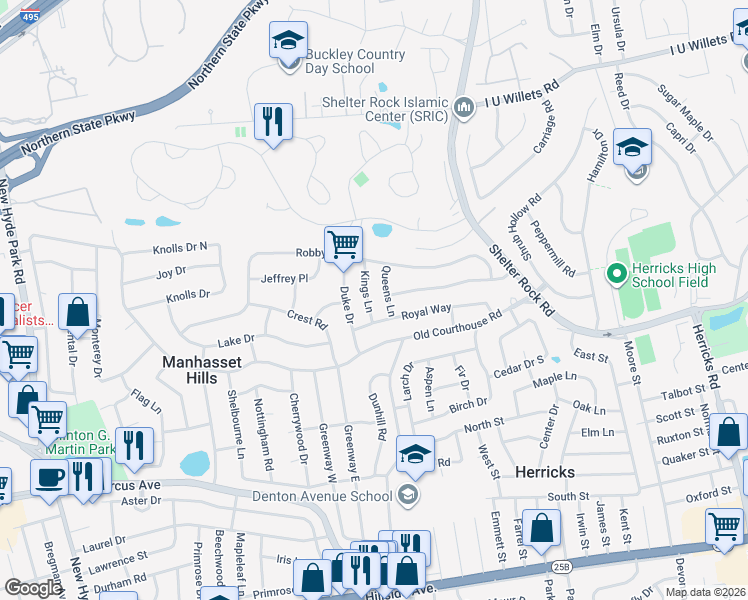 map of restaurants, bars, coffee shops, grocery stores, and more near 26 Kings Lane in New Hyde Park