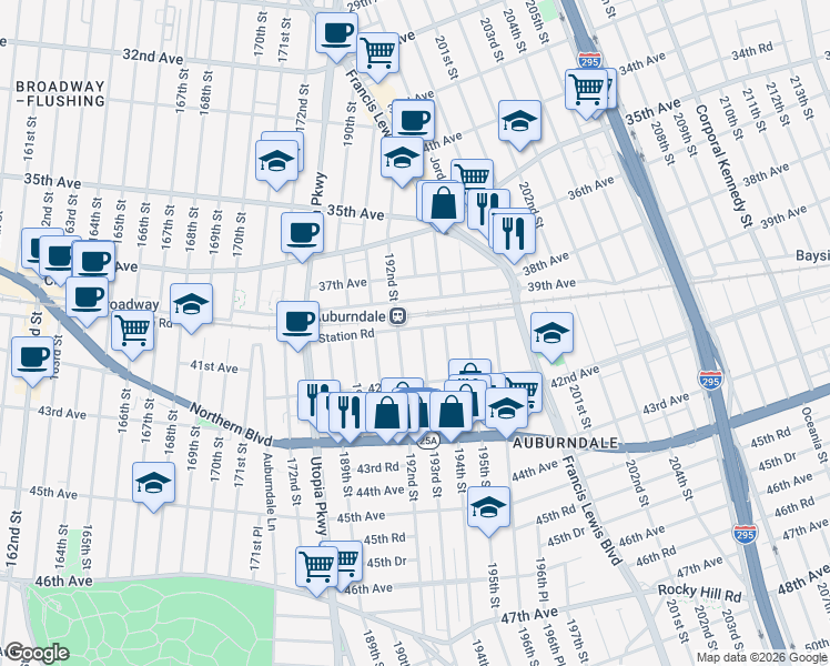 map of restaurants, bars, coffee shops, grocery stores, and more near in Queens