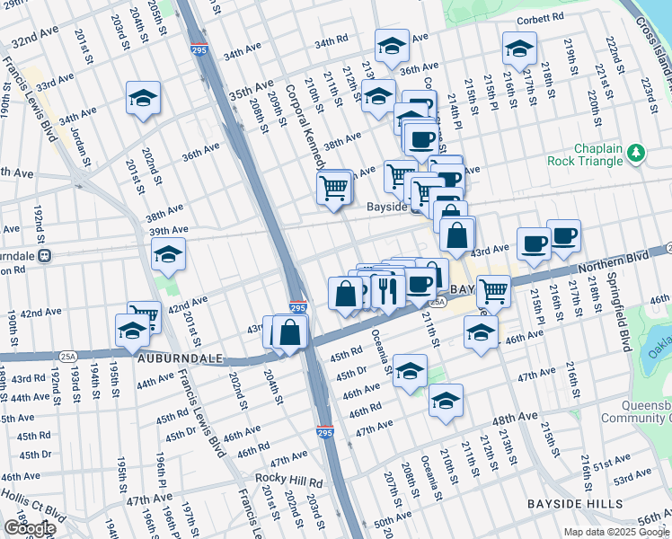 map of restaurants, bars, coffee shops, grocery stores, and more near 42-20 209th Street in Queens