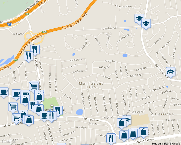 map of restaurants, bars, coffee shops, grocery stores, and more near 93 Robby Lane in New Hyde Park