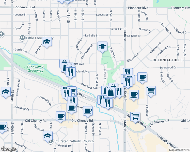 map of restaurants, bars, coffee shops, grocery stores, and more near 5221 South 52nd Street in Lincoln