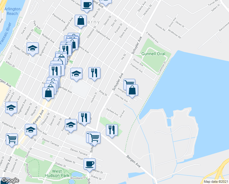 map of restaurants, bars, coffee shops, grocery stores, and more near 358 Schuyler Avenue in Kearny