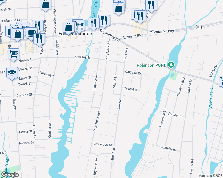 map of restaurants, bars, coffee shops, grocery stores, and more near 99 Pine Neck Avenue in Patchogue