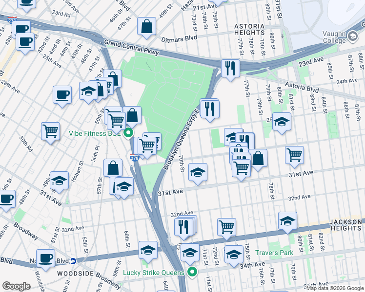 map of restaurants, bars, coffee shops, grocery stores, and more near 25-35 70th Street in Queens