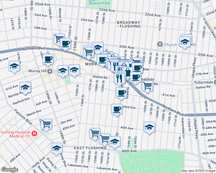 map of restaurants, bars, coffee shops, grocery stores, and more near 41-32 160th Street in Queens