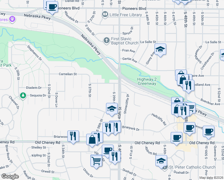 map of restaurants, bars, coffee shops, grocery stores, and more near 5221 South 39th Street in Lincoln